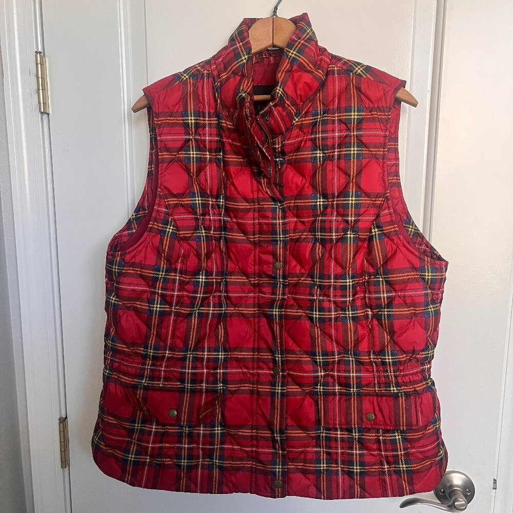 Talbots Red Vest Quilted Multi Tartan Plaid 80% Down Puffer Zip Womens XL